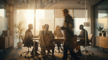 Obraz premium Blurred Background of Business Professionals Having a Collaborative Meeting in a Sunlit Office