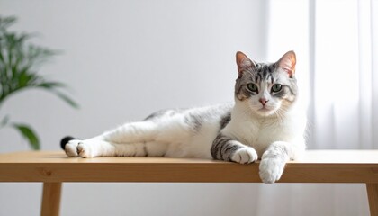 White cat with gray tabby markings lounging on a wooden table