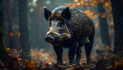 Wild boar standing in misty autumn forest with realistic fur detail
