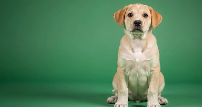 Young labrador retriever dog sitting on green backdrop