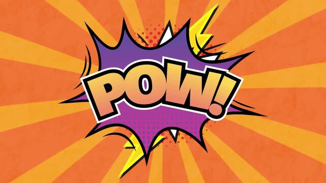 Animation of pow text over a retro speech bubble against orange radial background