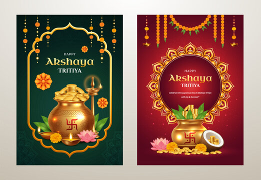 Vibrant Akshaya Tritiya greeting card templates with golden pot