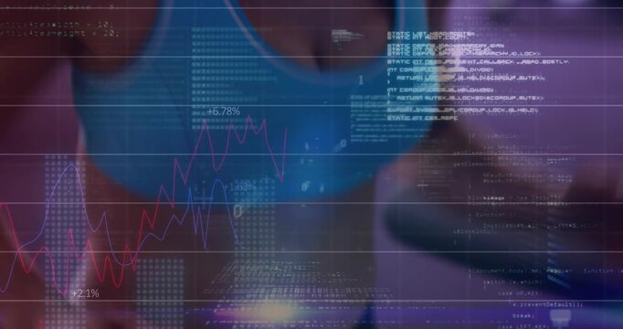 Animation of binary coding and financial data processing over caucasian woman exercising in gym