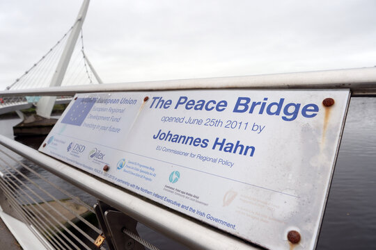 October 8th 2025. Derry, County Londonderry, Northern Ireland. Informational Commemorative Plaque for the Peace Bridge in Derry Detail of Opening Ceremony and Symbolism