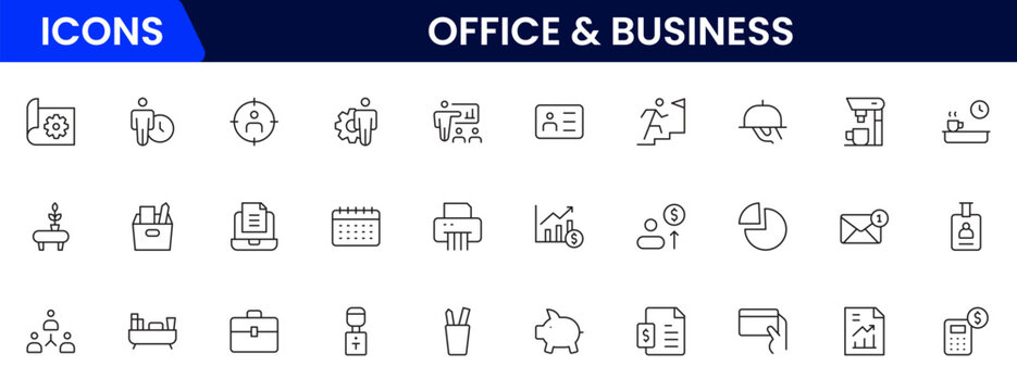 Office and Business line icons collection. Big UI icon set in a flat design. Thin outline icons pack. Vector illustration