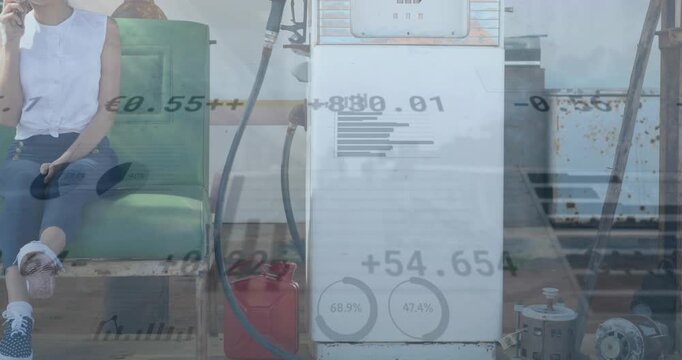 Animation of graphs and currency values over caucasian woman talking on cellphone by gasoline pistol