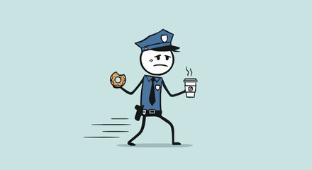 Stick Figure Police Officer Running with Coffee and Donut.