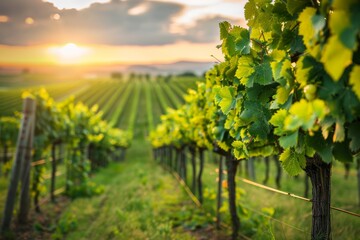 Naklejka premium Golden sunset over vineyard rows with vibrant green grapevines, creating a picturesque scene of tranquility and agricultural beauty