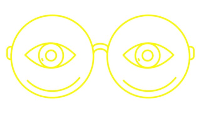 Animated yellow linear symbol of glasses with eyes. Linear icon of eyeglasses. Looped video. Concept of sight, ophthalmologist. Vector illustration on white background.
