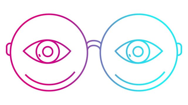 Animated pink blue linear symbol of glasses with eyes. Linear icon of eyeglasses. Looped video. Concept of sight, ophthalmologist. Vector illustration on white background.