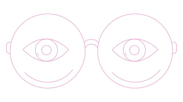 Animated pink linear symbol of glasses with eyes. Linear icon of eyeglasses. Looped video. Concept of sight, ophthalmologist. Vector illustration on white background.
