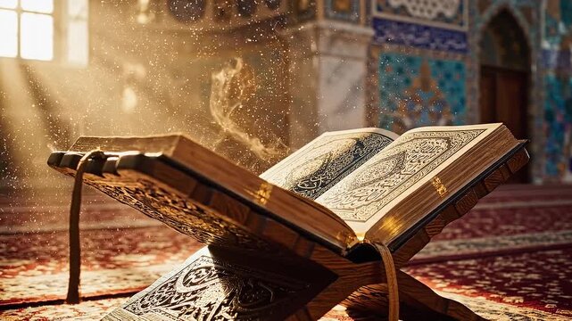 Open Quran on wooden stand during Ramadan in mosque with sunlight