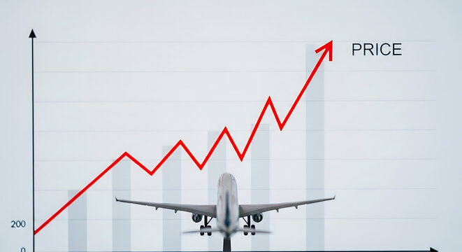 Airplane flying upwards with rising price graph in the background indicating increasing flight costs