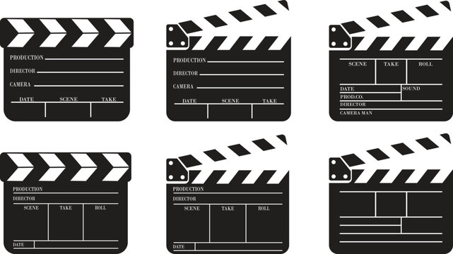 Clapper board film production vector icon set for cinema video editing isolated flat design illustration for movie industry set collection group creative media symbol Opened and closed movie clapper.