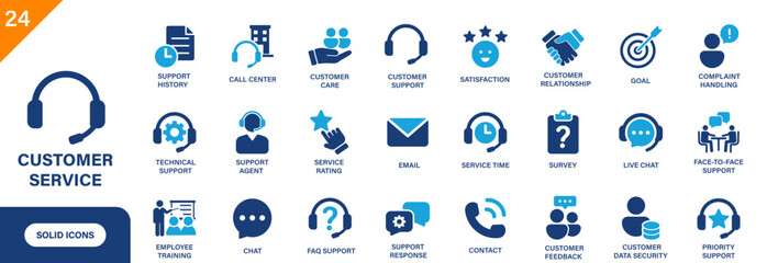 Customer service icon. Containing support agent, service rating, call center, satisfaction, customer feedback, support response. Solid vector icon set.