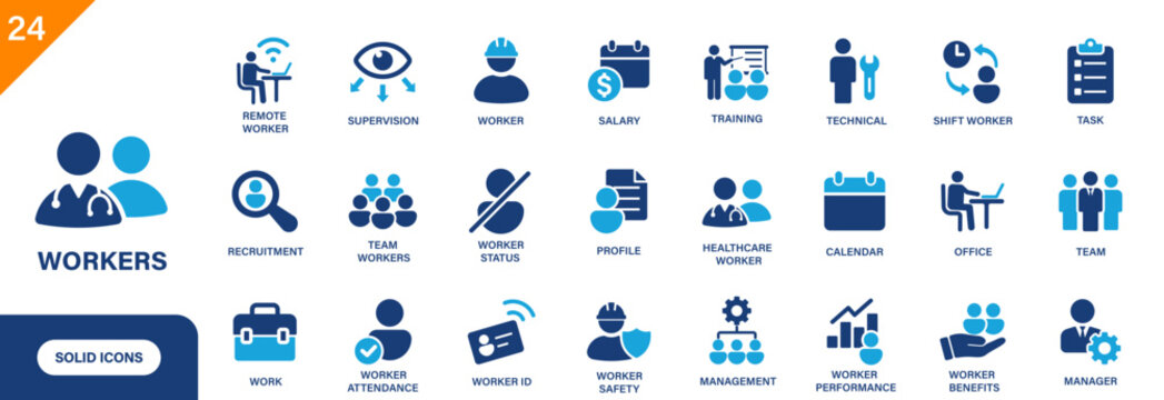 Workers icon. Containing salary, shift worker, healthcare worker, remote work, recruitment. Solid vector icon set.
