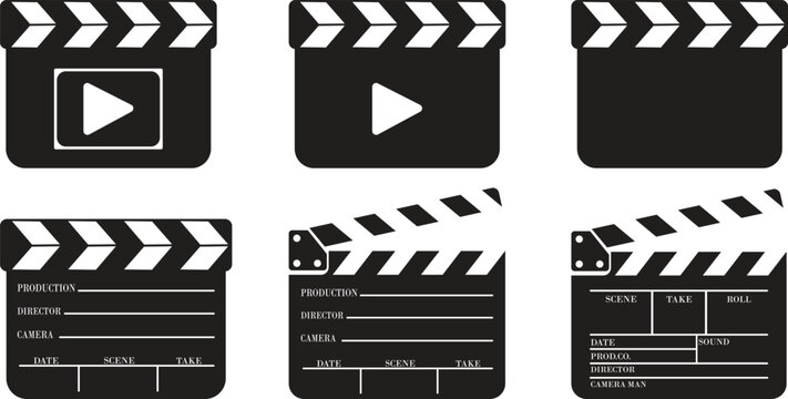 Clapper board film production vector icon set for cinema video editing isolated flat design illustration for movie industry set collection group creative media symbol Opened and closed movie clapper.