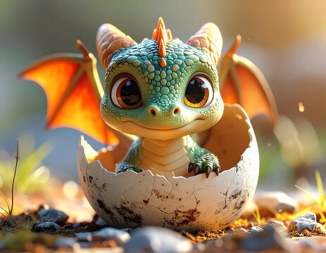 A green dragon hatching from an egg on a rocky ground