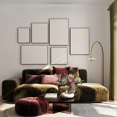 Fotobehang Karaktertjes Modern Living Room Poster Frame Mockup with Natural Light and Minimalist Decoration. 3D render.  © mtlapcevic