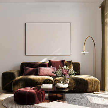 Modern Living Room Poster Frame Mockup with Natural Light and Minimalist Decoration. 3D render.