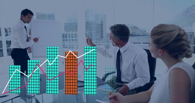 Business meeting with bar and line graphs over colleagues discussing presentation