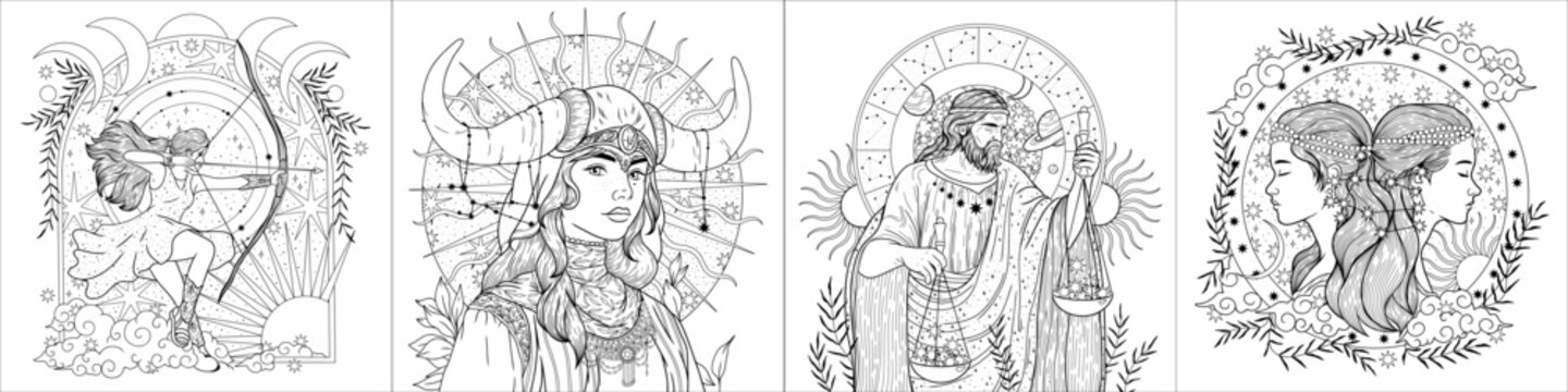 Coloring book, vintage vintage style deck of tarot cards. magical predictions of the future, mysterious characters.