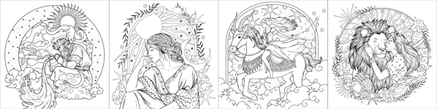 Coloring book, vintage vintage style deck of tarot cards. magical predictions of the future, mysterious characters.