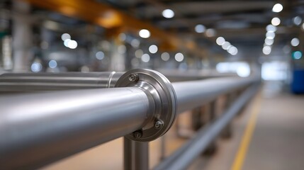 Shiny metal pipes and industrial infrastructure extend through a clean modern manufacturing facility with blurred background lights