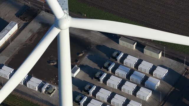 Aerial view of wind turbine blades rotating at a battery storage facility