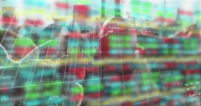 Rooster head floating over grid, merging colorful candlesticks with stock tickers in 3D render