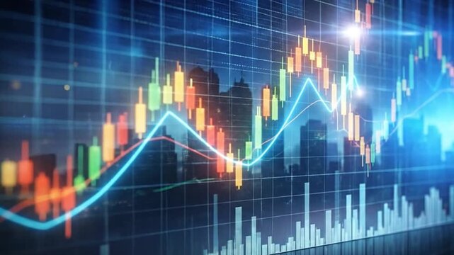 Financial chart with uptrend line and candlestick graph over city background.