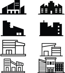 Fototapeta premium Collection of modern building silhouettes and outline designs showcasing architecture style and structure in various graphical representations together.