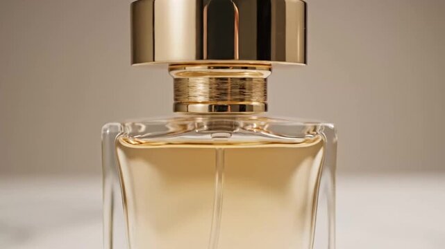 Elegant perfume bottle showcased with a sleek design and luxurious gold cap on a marble surface for high-end fragrance