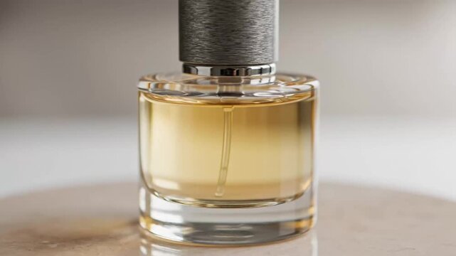 Close-up sequence of perfume bottle with golden liquid displaying high detail and clarity