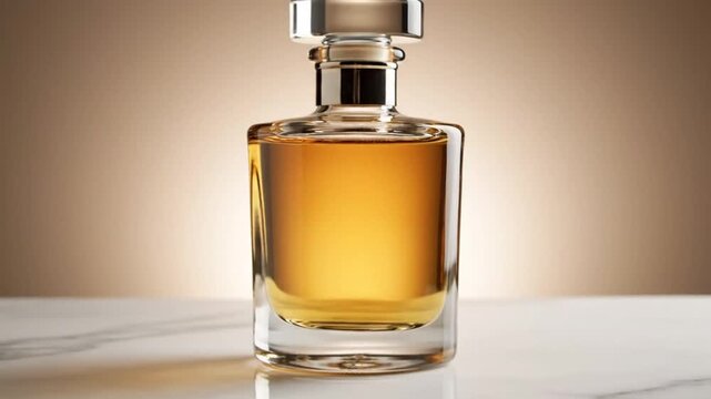 Slow-motion sequence capturing the elegance of a glass of amber-colored liquor with a transparent stopper and glass reflection