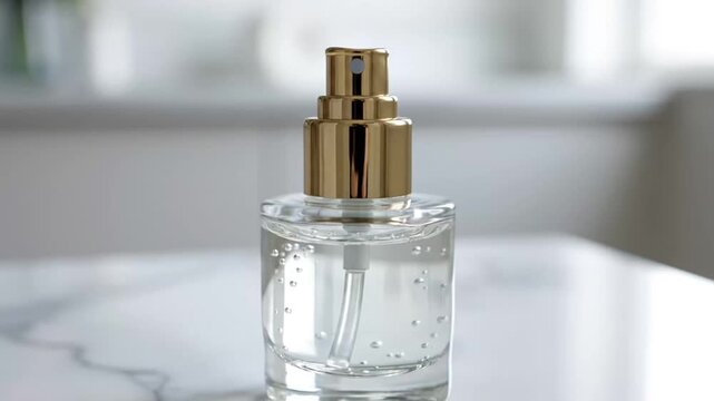 Close-up of a stylish glass spray bottle with a gold pump on marble surface in modern interior setting