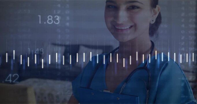 Healthcare worker smiling after animated line graph pulsing in lounge showing patient data progress