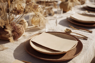 Rustic wedding reception table setting with place card