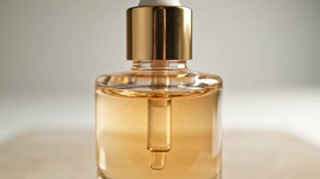 Close-up shot of an elegant glass dropper bottle containing golden liquid with soft lighting and reflections highlighting its