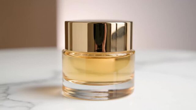 Close-up of elegant perfume bottle with gold cap on a marble surface captured in a sequence of video frames for a luxurious