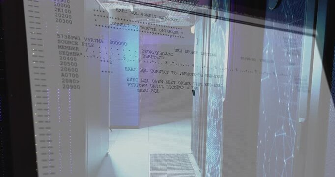 Faint interface overlay appearing over server corridor, streaming SQL lines for database connection