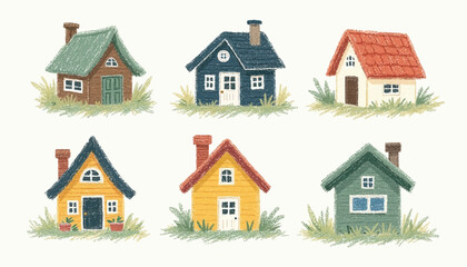 a set of six small colorful houses.