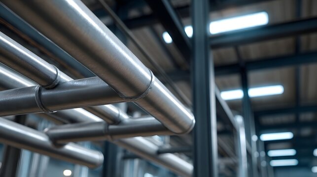 Industrial piping system with metallic conduits and overhead structure in a modern facility