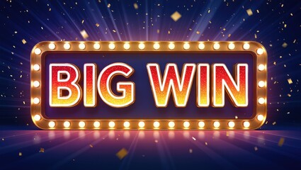 Naklejka premium Glowing Big Win text in marquee frame with falling gold flakes and light rays on blue floor for stage performance and winning event concepts.
