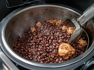 Fototapeta premium Metal scoop adding coffee beans to bowl in warm kitchen