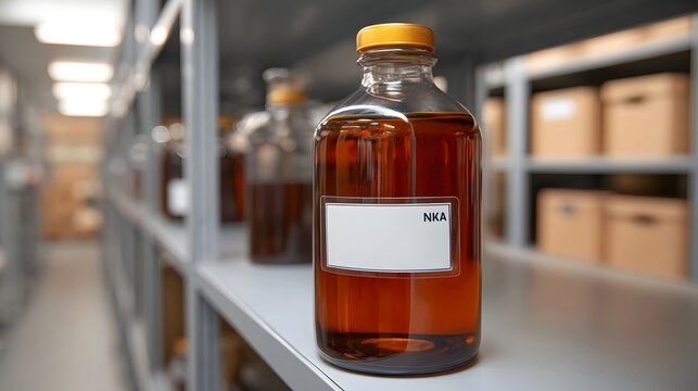 A glass bottle with amber liquid and an  NKA  label sits on a shelf in a storage facility