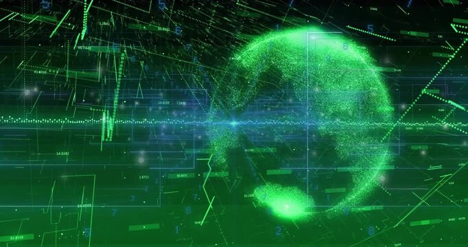 Waveform pulsing triggers particle globe forming and rotating, HUDs animating to show data
