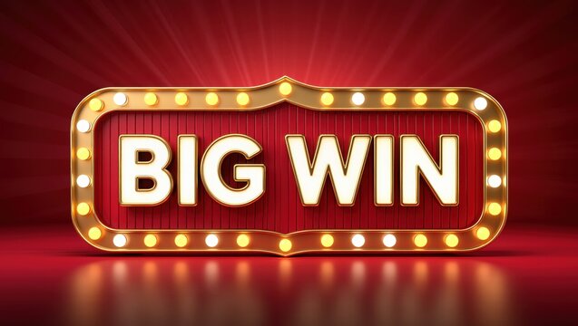 Retro red marquee billboard with golden Big Win text and radial light rays for vintage game show and classic casino jackpot concepts.
