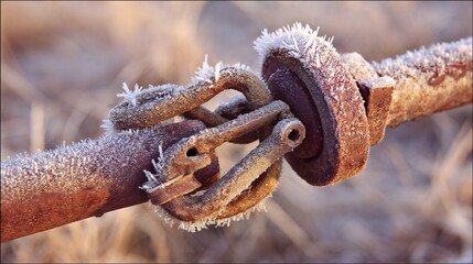 Rusty metal coupling with frost on outdoor background  