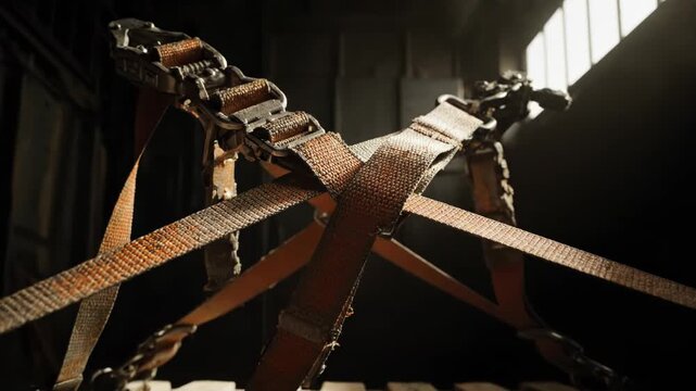 Old leather straps and chains hanging in an industrial setting, dramatic footage video